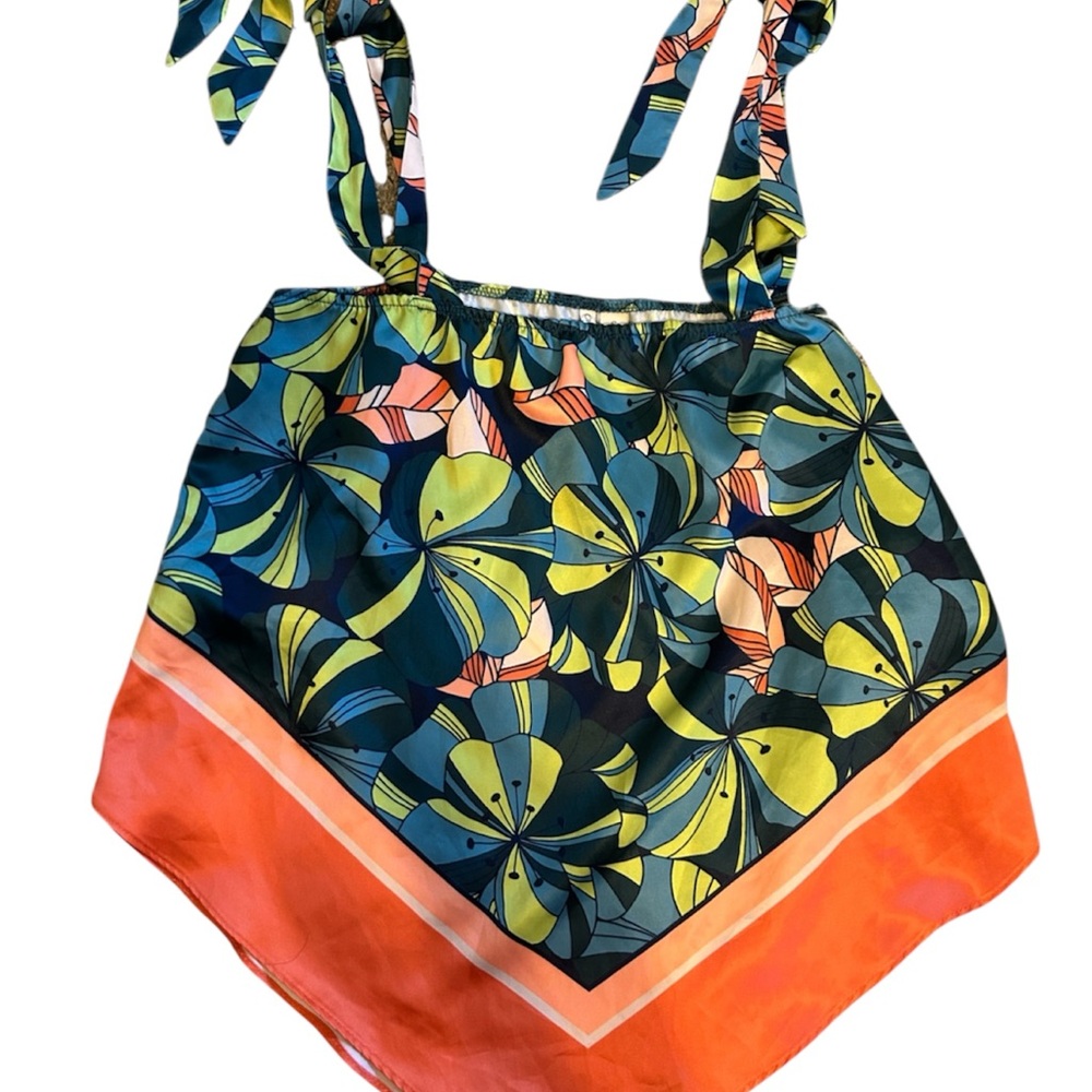 Floral Print Scarf Top with Orange Trim